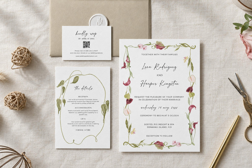 Printable garden wedding invitation suite with a pink and green floral border, decorative details card and QR code RSVP card, styled beside an envelope, wax seals and gold scissors on a neutral background.