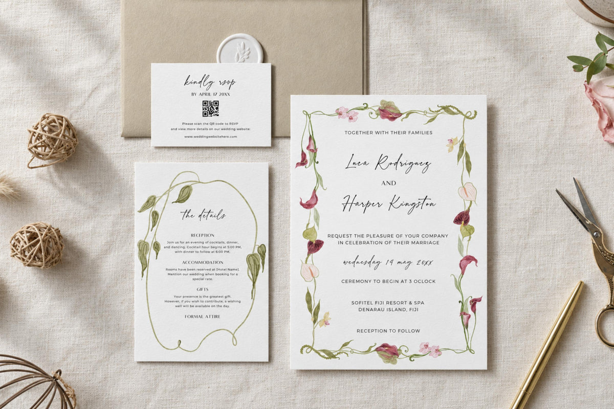 Printable garden wedding invitation suite with a pink and green floral border, decorative details card and QR code RSVP card, styled beside an envelope, wax seals and gold scissors on a neutral background.