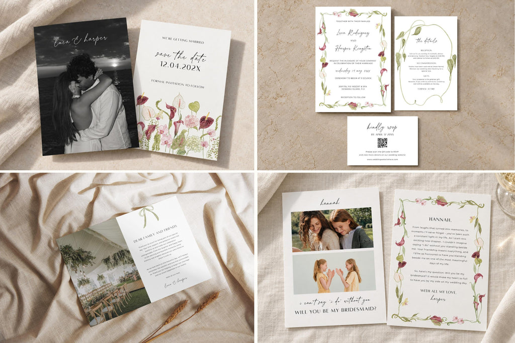 Burgundy floral wedding invitation and stationery suite with photo cards, printed details and matching botanical designs styled on neutral fabric.