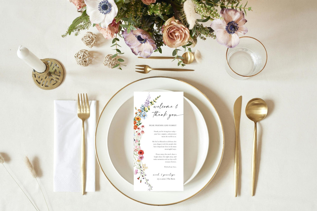 Editable floral wedding menu template, botanical wedding menu printable, elegant reception place setting menu, Canva wedding menu instant download