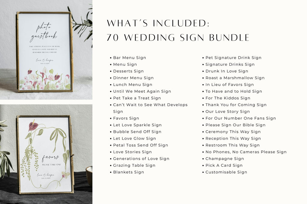 Floral wedding signage bundle contents showing additional reception and guest table sign templates, with coordinating pink flowers, green foliage and elegant handwritten lettering.