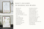 Floral wedding signage bundle contents showing additional reception and guest table sign templates, with coordinating pink flowers, green foliage and elegant handwritten lettering.