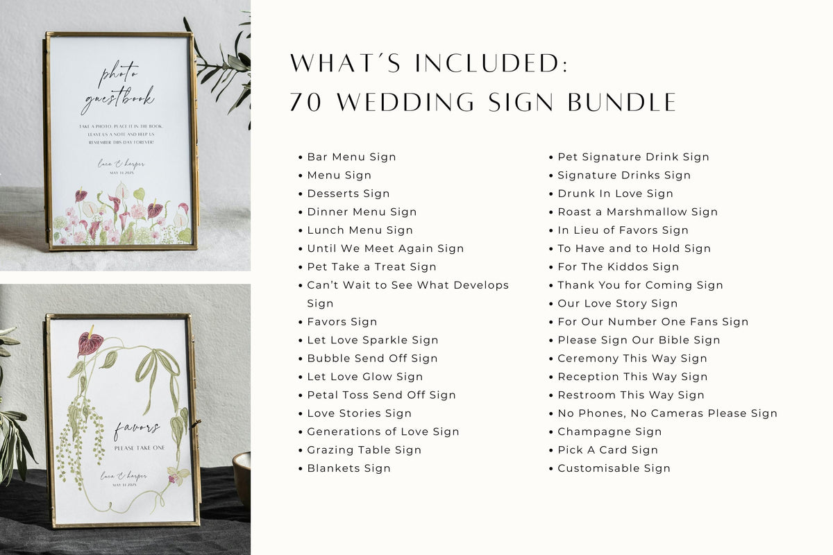 Floral wedding signage bundle contents showing additional reception and guest table sign templates, with coordinating pink flowers, green foliage and elegant handwritten lettering.