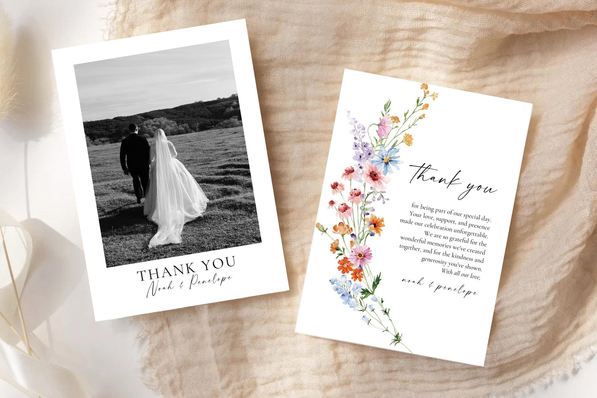 Printable wildflower wedding thank you note with photo card option, editable Canva floral thank you template for rustic boho weddings