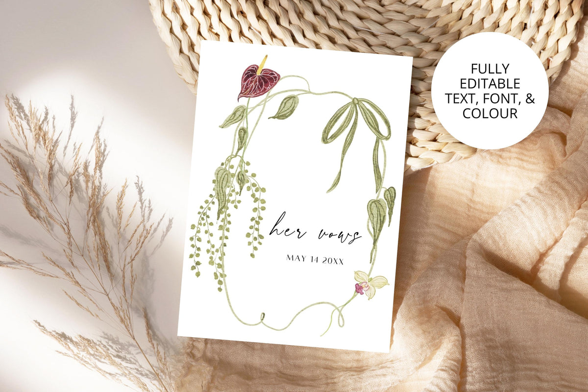 Editable floral wedding vow book template with a her vows cover, delicate green botanical border and burgundy flower accents. Styled on neutral fabric beside dried grasses, with a badge highlighting editable text, font and colour.