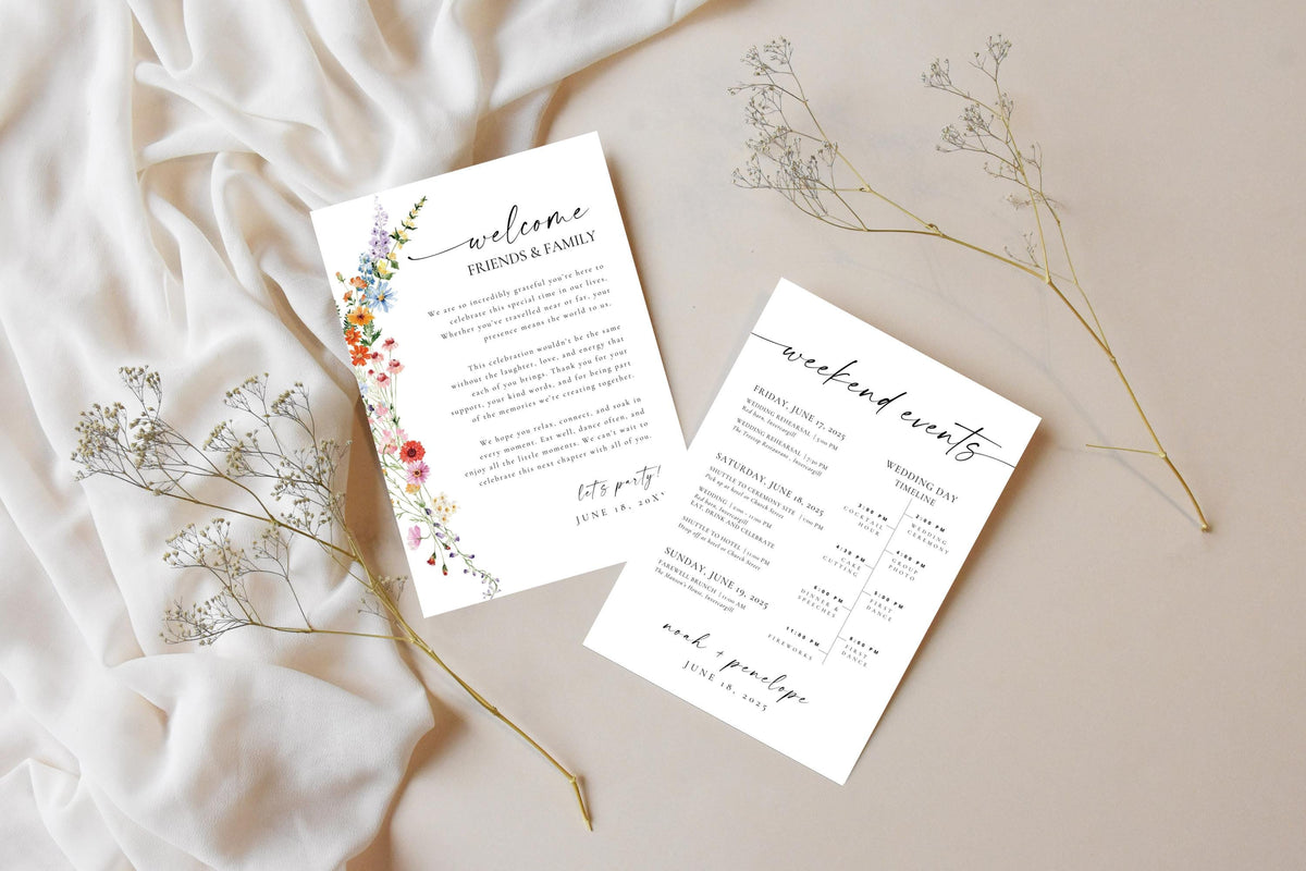 Printable wildflower wedding welcome letter and itinerary card set, editable Canva template for wedding day timeline and weekend events.