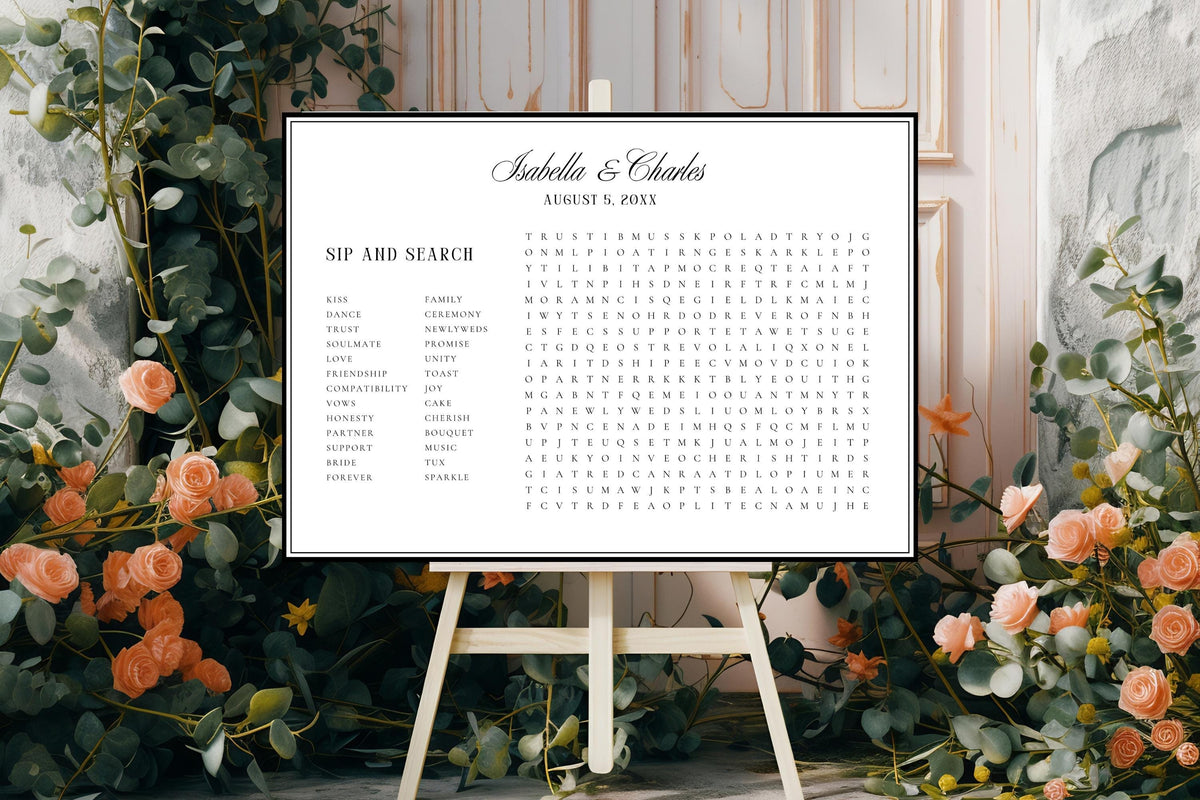 Floral Wedding Word Search Sign, Elegant Sip and Search Wedding Reception Game, Printable Wedding Guest Activity Poster, Editable Canva Wedding Template, Instant Download