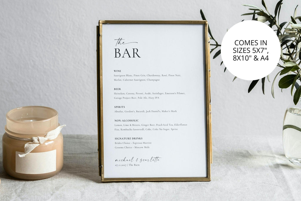 Printable wedding bar sign in stylish gold frame with candles, includes editable Canva template for beer, wine, spirits, and non-alcoholic drinks