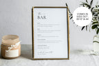 Printable wedding bar sign in stylish gold frame with candles, includes editable Canva template for beer, wine, spirits, and non-alcoholic drinks
