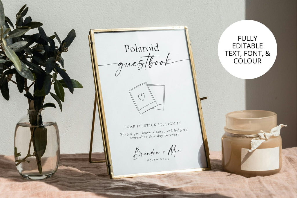 Modern Canva Polaroid guestbook sign printable shown in elegant gold frame with editable fonts and text - ideal for a minimalist wedding decor setup or photo booth table.