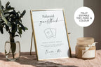 Modern Canva Polaroid guestbook sign printable shown in elegant gold frame with editable fonts and text - ideal for a minimalist wedding decor setup or photo booth table.