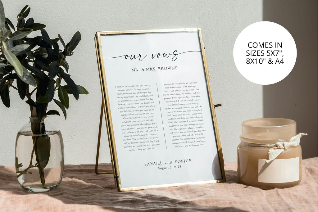 Wedding vows printable template displayed on linen backdrop with candles and greenery – editable our vows wall art for couples, digital keepsake download.