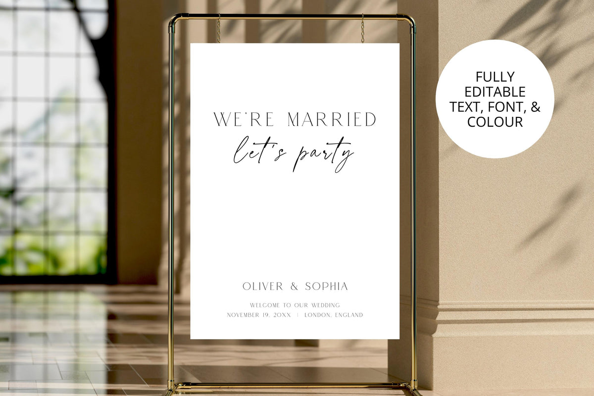 Luxury gold frame wedding welcome sign mockup, elegant modern wedding entrance decor, minimalist wedding reception poster template, editable Canva wedding sign, sophisticated black and white wedding signage printable