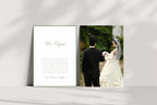 Front and photo sides of a “We Eloped” announcement card displayed upright together, showing the sage green bordered message and a couple’s wedding photograph.