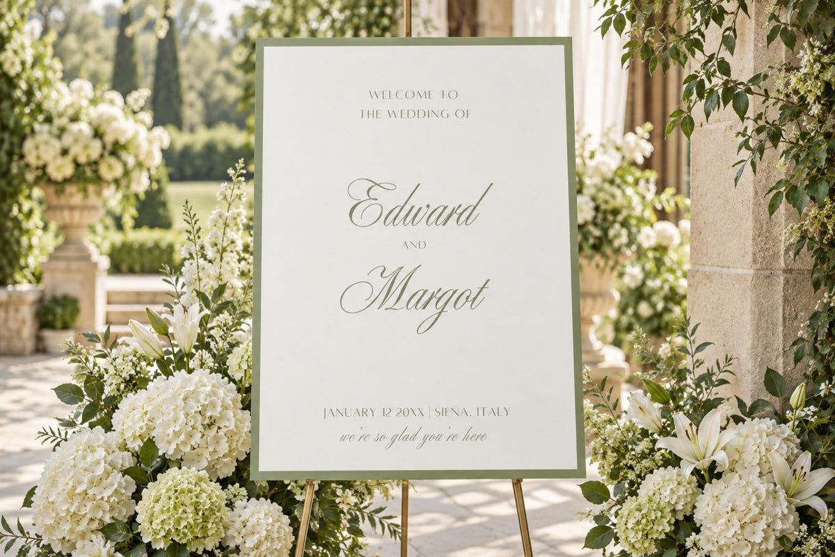 Elegant sage green wedding welcome sign surrounded by white hydrangeas and garden greenery. Romantic script lettering and a simple border create an old money garden wedding entrance with timeless country club styling.