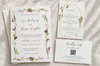 Editable floral wedding invitation suite arranged on ivory linen, with pink flowers, winding green stems and elegant script lettering. Matching wedding details and QR code RSVP cards complete the botanical stationery set.