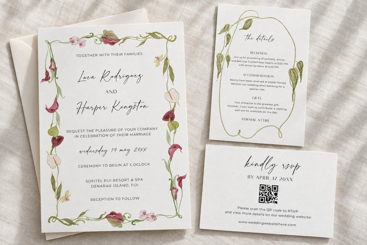 Editable floral wedding invitation suite arranged on ivory linen, with pink flowers, winding green stems and elegant script lettering. Matching wedding details and QR code RSVP cards complete the botanical stationery set.
