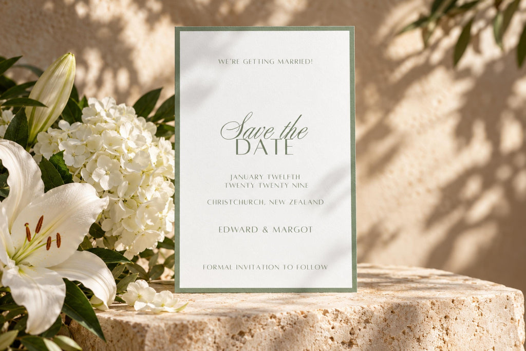 Sage green wedding save the date card displayed on natural stone beside white lilies and hydrangeas. Classic bordered stationery template for a romantic garden wedding or elegant destination celebration.