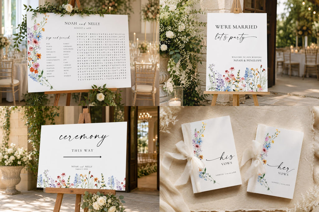Editable welcome sign, seating chart, guestbook sign and wedding signs bundle, printable floral wedding signage templates for Canva