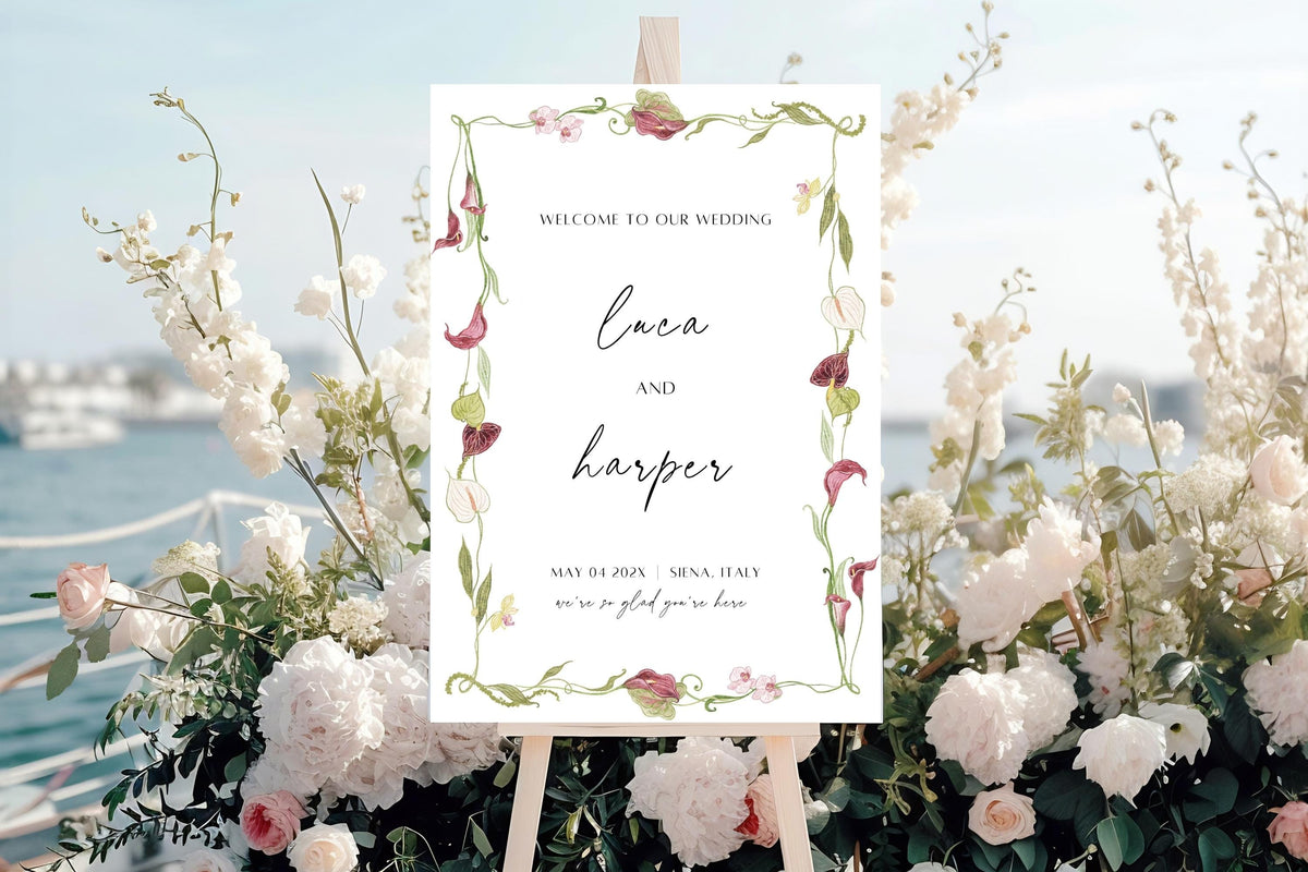 Destination wedding welcome sign template with burgundy floral border, editable botanical Canva wedding signage for outdoor, garden or coastal wedding ceremony