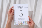 Hands holding wildflower wedding table number card, editable floral Canva template for DIY printable wedding reception table decor.