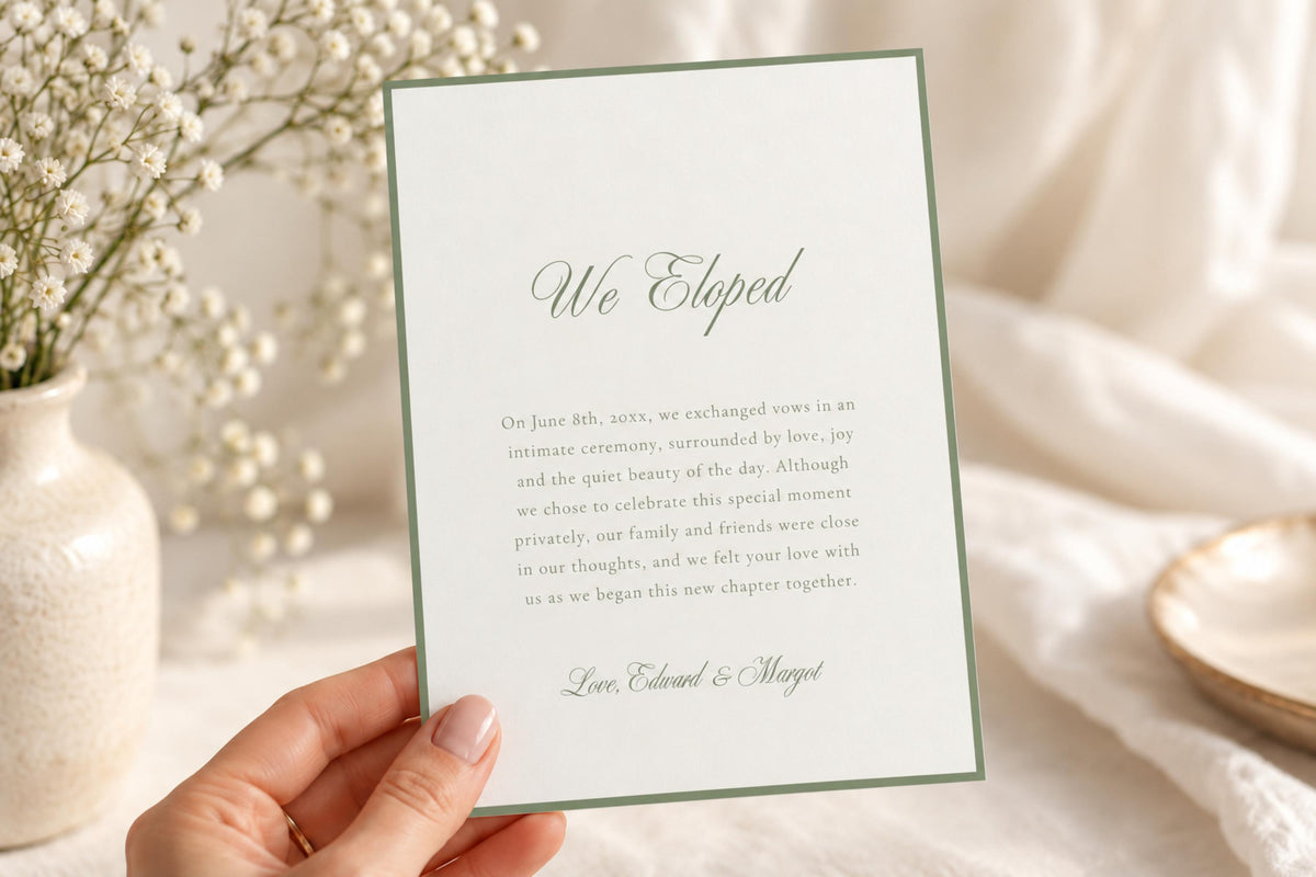 Sage green “We Eloped” announcement card held in hand, featuring elegant script lettering and a personal wedding announcement message on a white background.