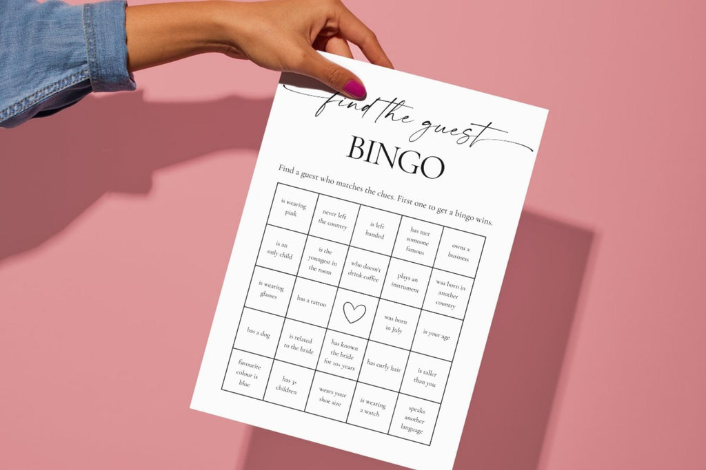 Playful pink background with find the guest wedding bingo card - modern editable Canva bridal game for hens night or welcome party