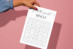Playful pink background with find the guest wedding bingo card - modern editable Canva bridal game for hens night or welcome party