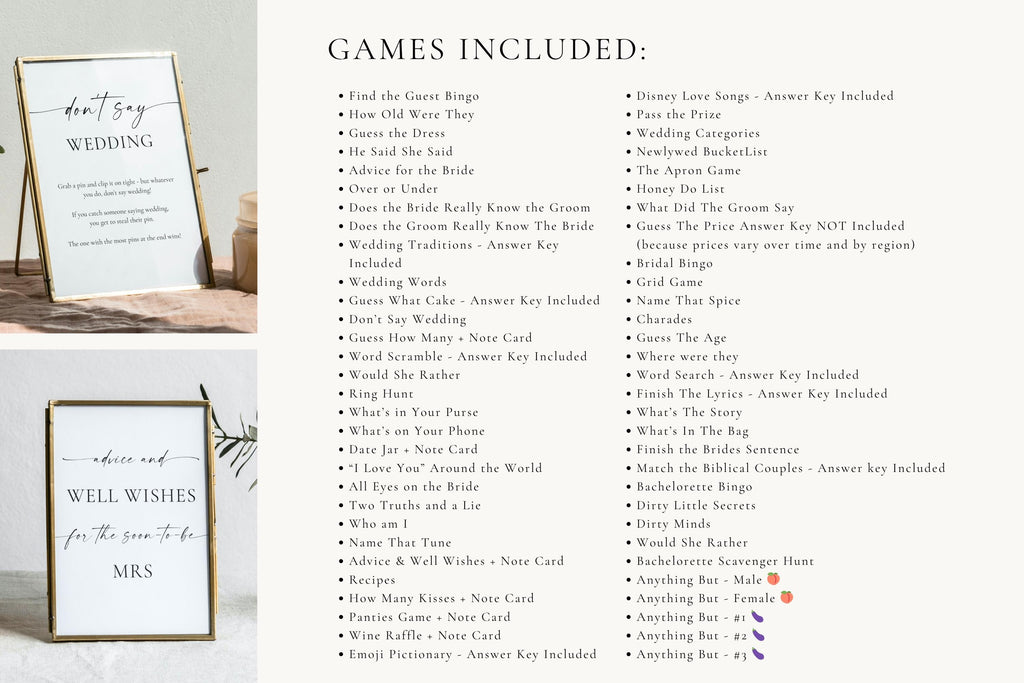 Modern bridal shower games list – full bundle of printable wedding shower games and activities for brides, editable Canva templates, minimalist design, instant download.