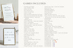 Modern bridal shower games list – full bundle of printable wedding shower games and activities for brides, editable Canva templates, minimalist design, instant download.