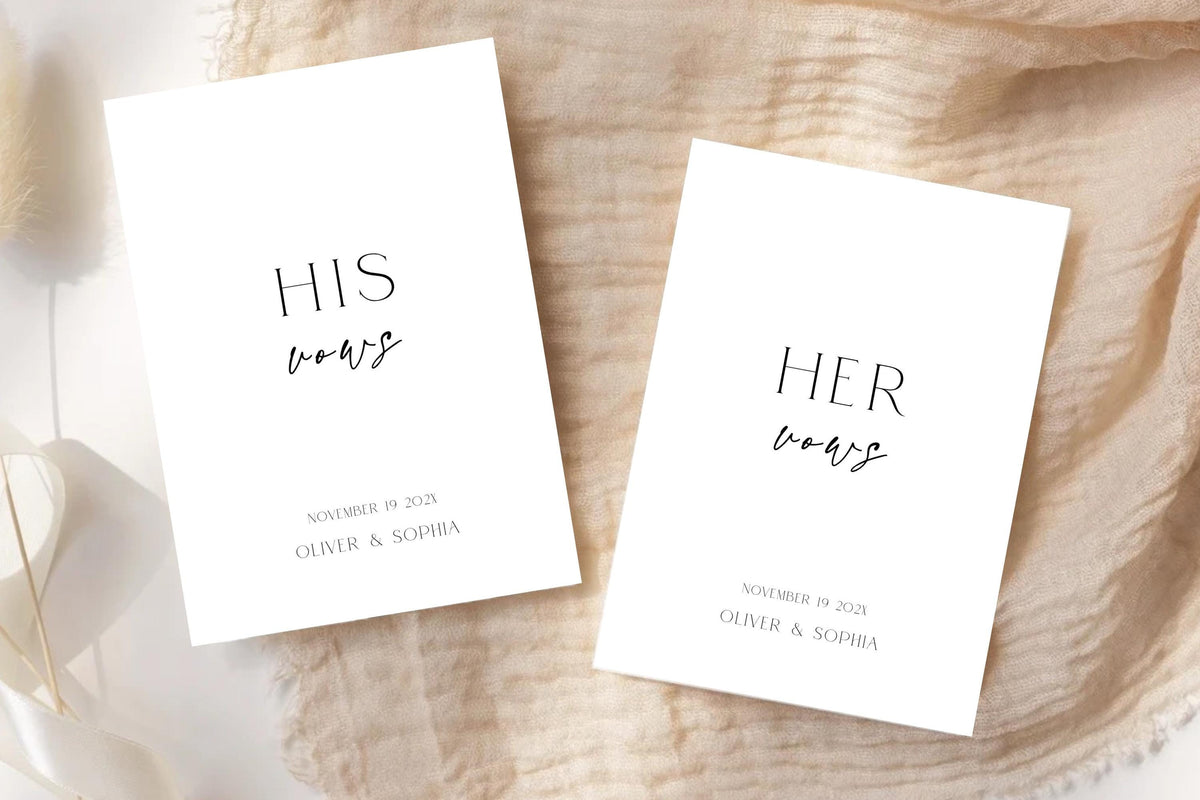 Matching His and Her Vows booklet template set for weddings, editable vow books with custom names and date, minimalist wedding stationery bundle, printable bride and groom vow journals, modern neutral wedding ceremony keepsake.