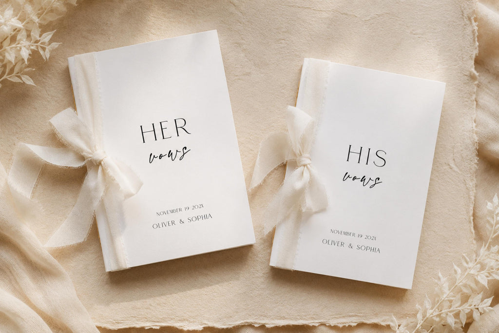 Editable wedding vow book template set featuring matching His and Her Vows booklets with ivory chiffon ribbon bows, minimalist wedding vow booklet design, printable bride and groom vow books, modern wedding stationery keepsake, editable Canva wedding vow journal template.
