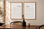 Matching bride and groom wedding vows prints in wooden frames above a dining table, featuring minimalist white backgrounds and elegant typography for meaningful married couple home décor.