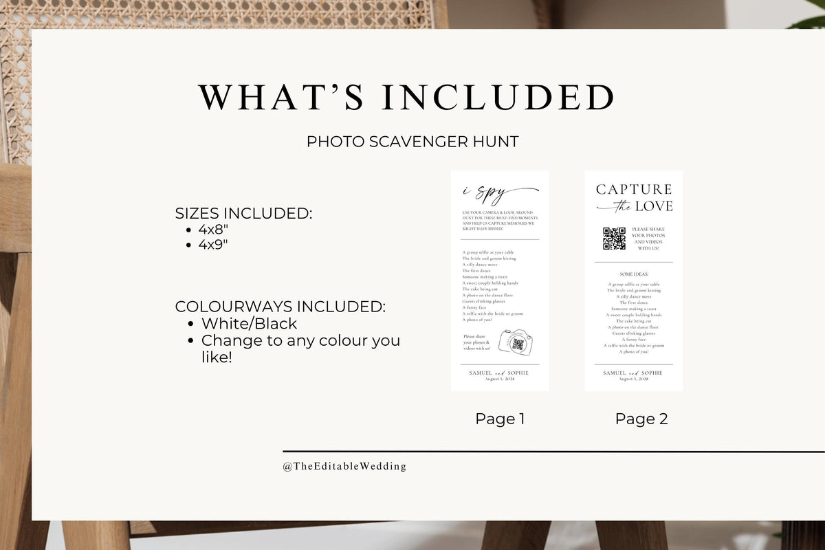 What’s included Canva listing preview for I Spy and Capture the Love photo scavenger hunt game, 4x8 and 4x9 printable templates