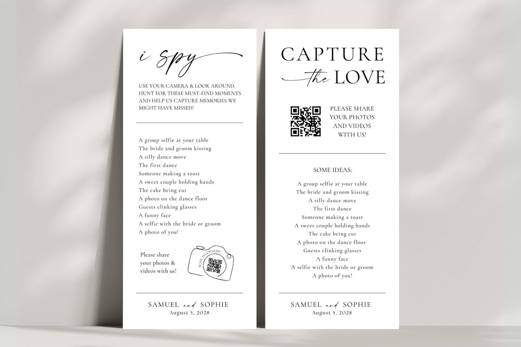 Winter wedding printable photo hunt game and QR code sign with Christmas theme, editable in Canva, I Spy and Capture the Love designs