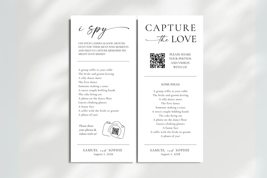 Minimalist I Spy and Capture the Love wedding game card set with QR code, editable Canva template for photo scavenger hunt, 4x8" and 4x9" sizes