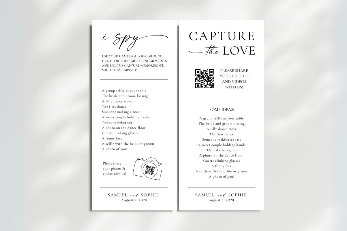 Minimalist I Spy and Capture the Love wedding game card set with QR code, editable Canva template for photo scavenger hunt, 4x8" and 4x9" sizes