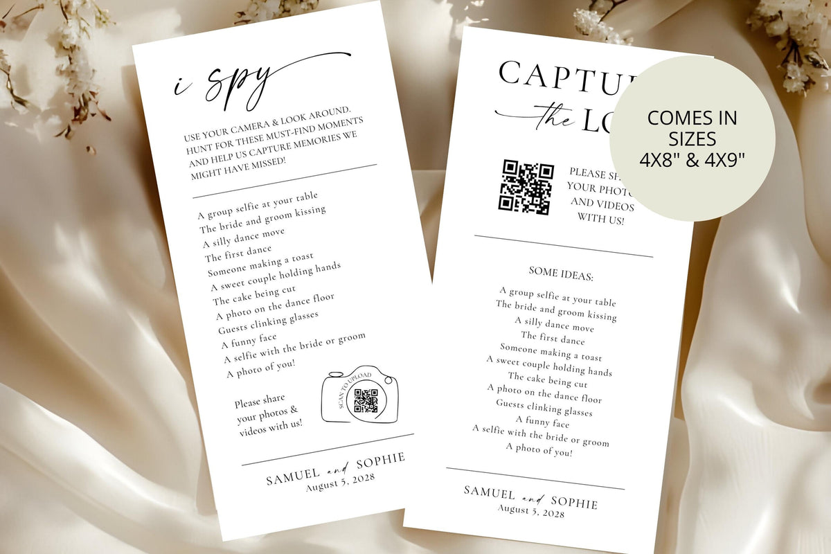 Elegant I Spy wedding sign and Capture the Love card on satin background, printable photo share game for reception, fully editable in Canva