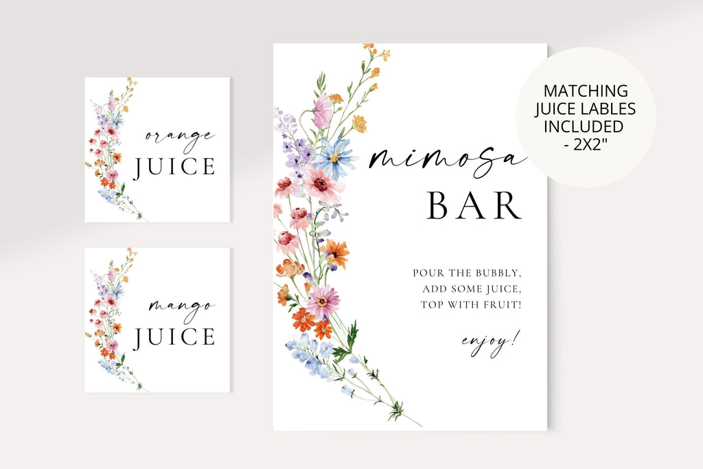 Printable mimosa bar sign with matching juice labels, wildflower bridal shower bar station signage, editable Canva template for wedding brunch drinks