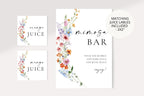 Printable mimosa bar sign with matching juice labels, wildflower bridal shower bar station signage, editable Canva template for wedding brunch drinks