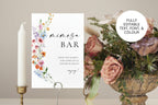Wildflower mimosa bar sign printable displayed with floral centerpiece, boho bridal shower drink station décor, modern editable Canva wedding template