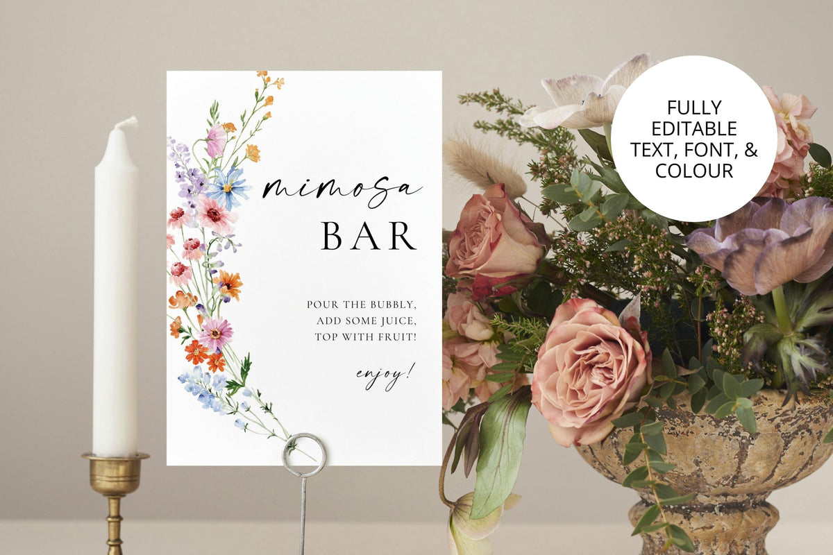 Wildflower mimosa bar sign printable displayed with floral centerpiece, boho bridal shower drink station décor, modern editable Canva wedding template