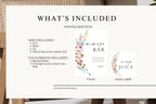 What's included graphic for mimosa bar sign and matching juice labels, Love in Bloom wildflower bridal shower Canva template, editable drink station signs