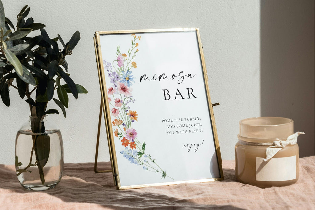 Framed mimosa bar sign with wildflower design, printable bridal shower bar décor, editable Canva wedding drinks sign for brunch or cocktail station