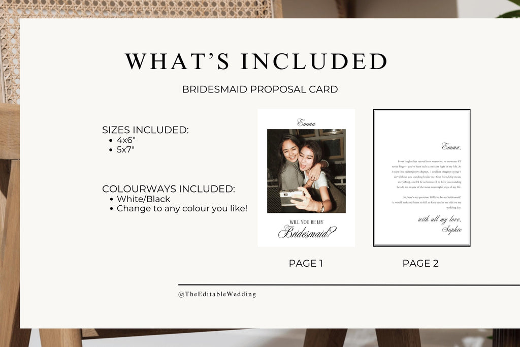 What's included editable bridesmaid proposal Canva template bundle, printable front and back proposal card, instant digital download, editable wedding party card template