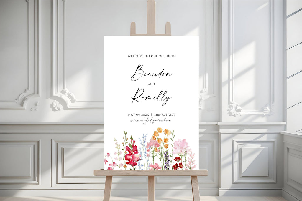 Romantic floral wedding welcome sign shown on an easel against white decorative panelling, with editable names and a bright, whimsical flower design.