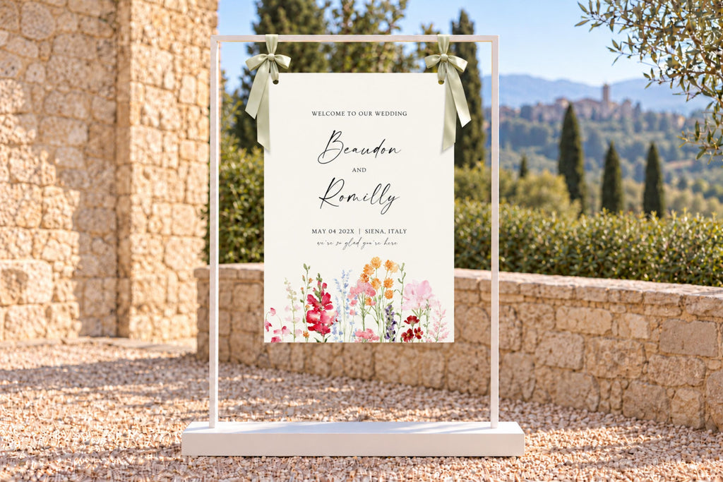Printable wedding welcome sign on an easel at an outdoor stone venue, with colourful floral artwork, personalised script names and a scenic garden backdrop.