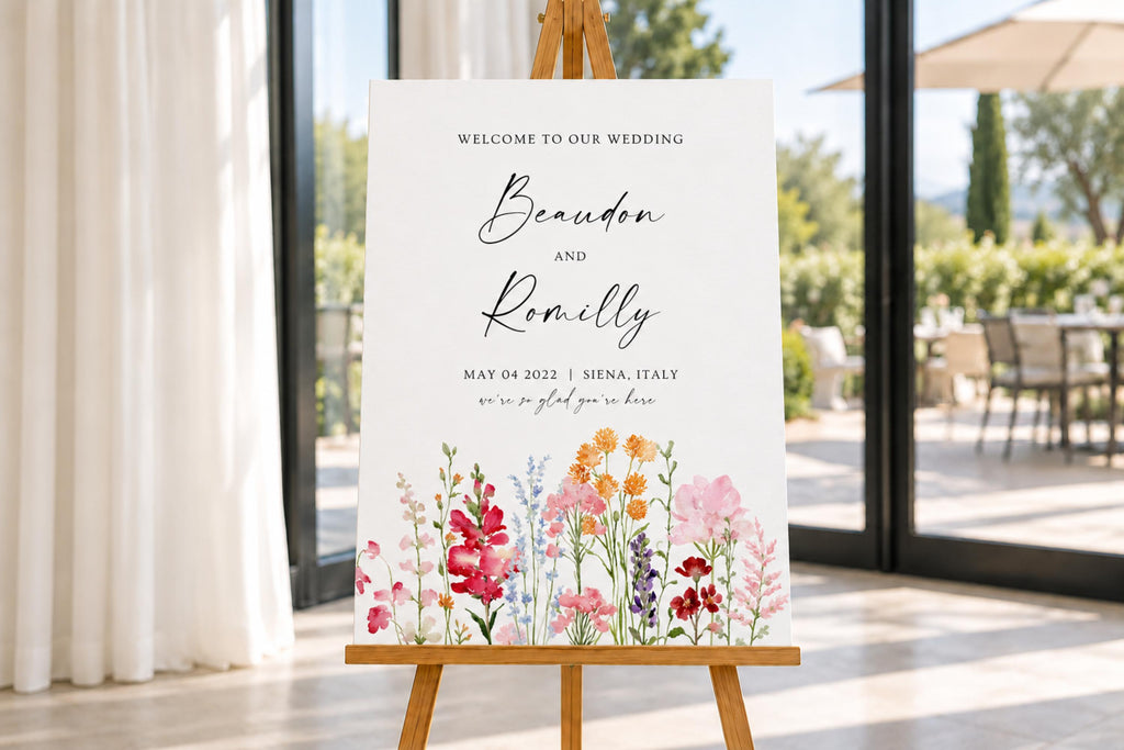 Editable wedding welcome sign displayed on a wooden easel beside bright glass doors, featuring a romantic multicolour floral design and elegant script names, Brandon and Kennedy.