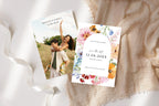 Sage and floral wedding save the date cards styled with white ribbon on cream fabric, showing a photo card and a matching editable floral announcement.