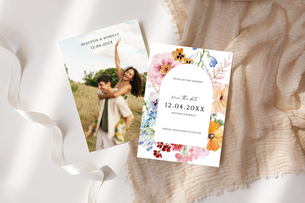 Sage and floral wedding save the date cards styled with white ribbon on cream fabric, showing a photo card and a matching editable floral announcement.